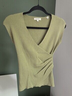 Max Studio Olive Green Ribbed Wrap-Style Short Sleeve Top Size XS